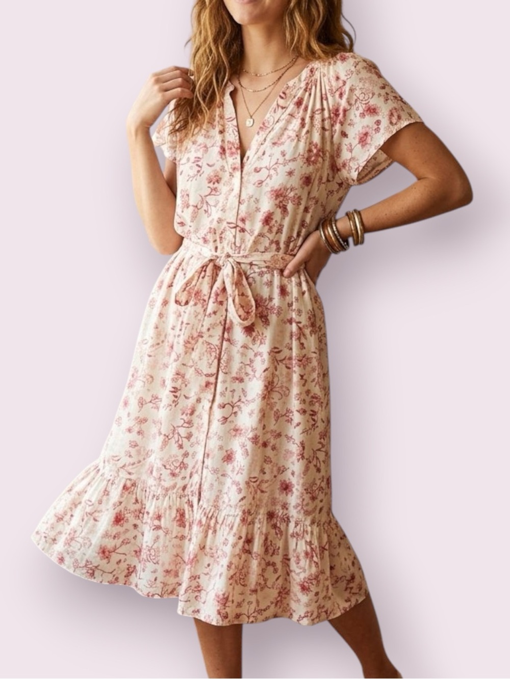 Lucky Brand Red & White Floral Midi Dress Boho Cottagecore Flutter Sleeve Medium